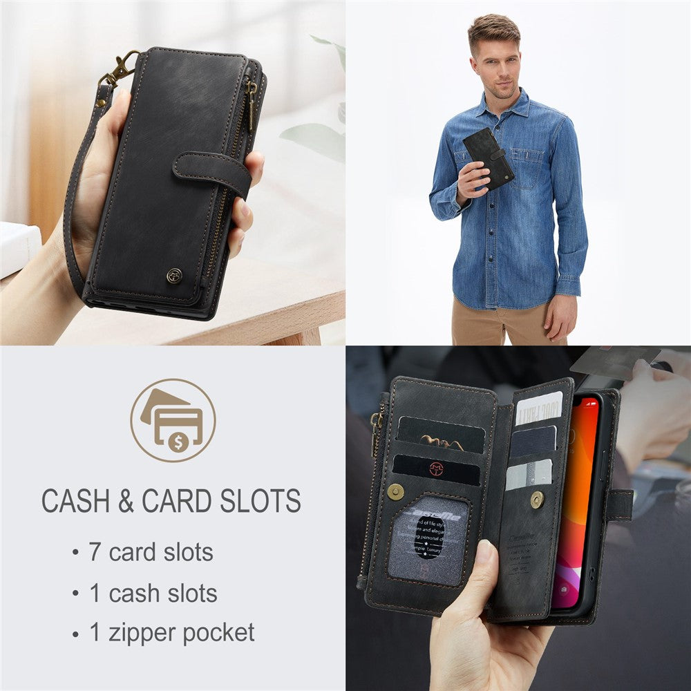 For iPhone 12 mini Phone Cases with Strap CASEME C30 Zipper Multiple Card Holder PU Leather Cover