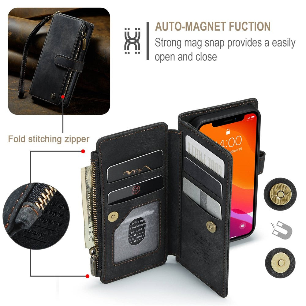 For iPhone 12 mini Phone Cases with Strap CASEME C30 Zipper Multiple Card Holder PU Leather Cover
