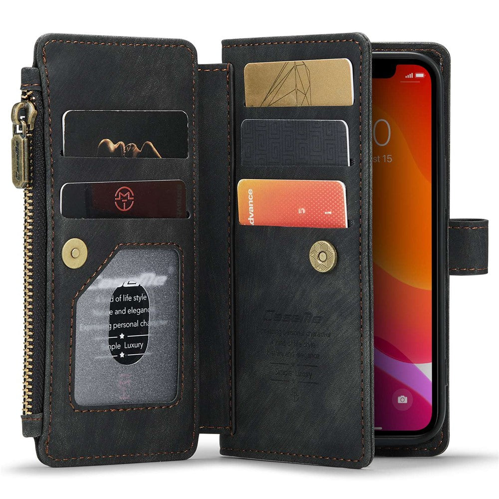 For iPhone 12 mini Phone Cases with Strap CASEME C30 Zipper Multiple Card Holder PU Leather Cover