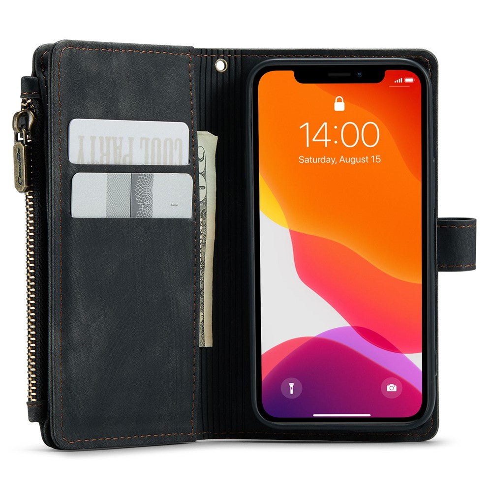 For iPhone 12 mini Phone Cases with Strap CASEME C30 Zipper Multiple Card Holder PU Leather Cover