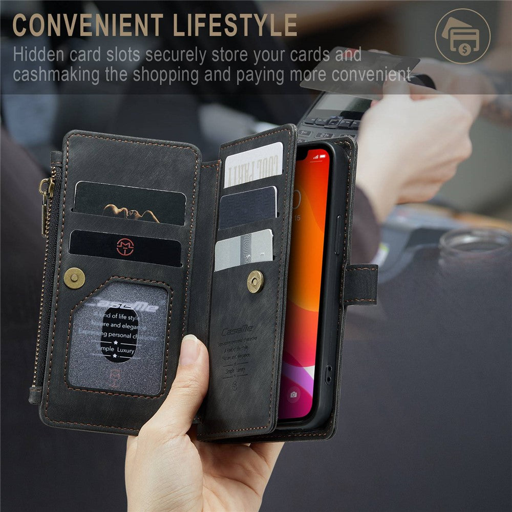 For iPhone 12 mini Phone Cases with Strap CASEME C30 Zipper Multiple Card Holder PU Leather Cover