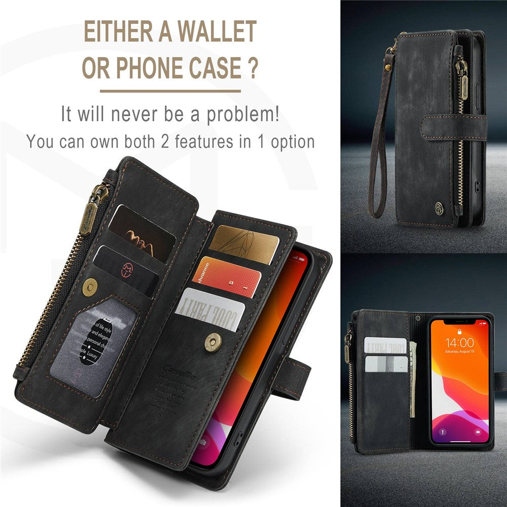 For iPhone 12 mini Phone Cases with Strap CASEME C30 Zipper Multiple Card Holder PU Leather Cover