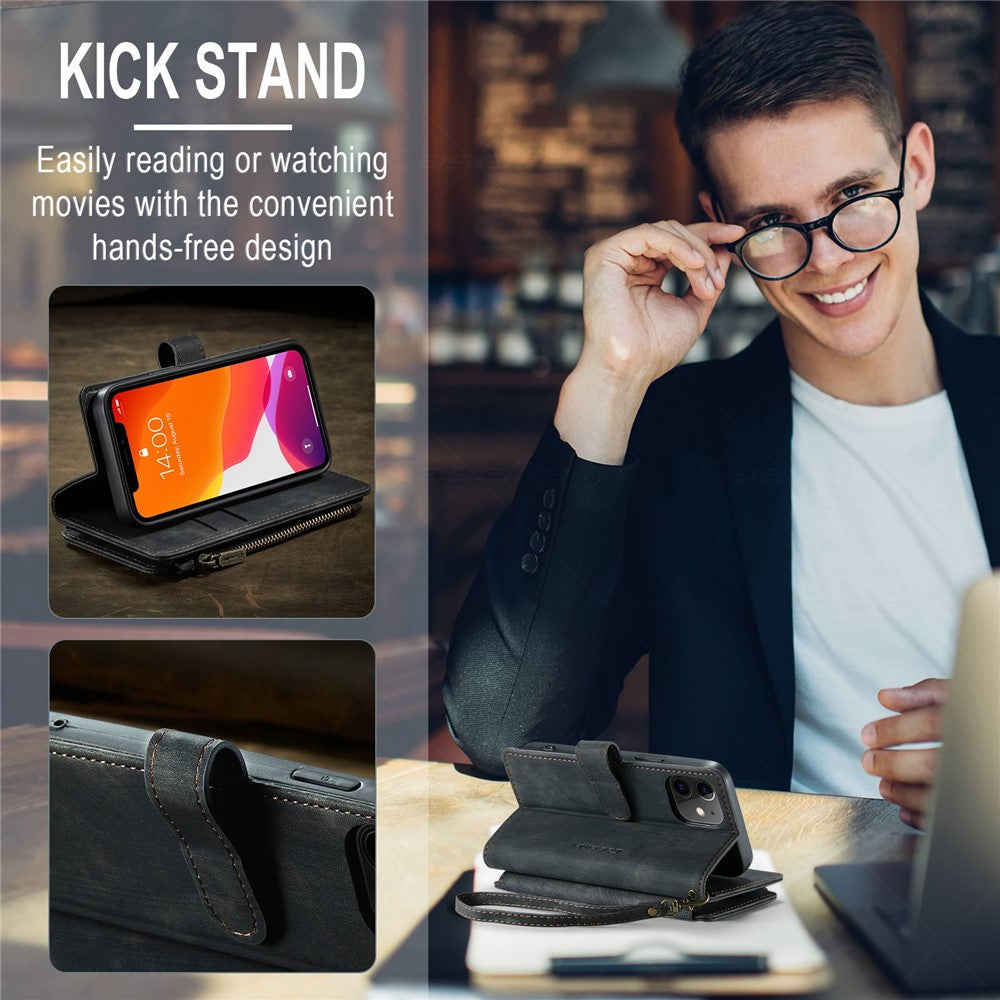 For iPhone 12 mini Phone Cases with Strap CASEME C30 Zipper Multiple Card Holder PU Leather Cover