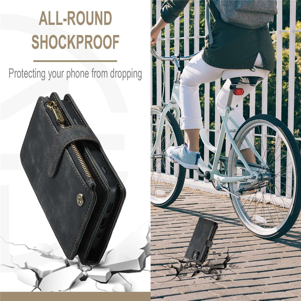 For iPhone 12 mini Phone Cases with Strap CASEME C30 Zipper Multiple Card Holder PU Leather Cover