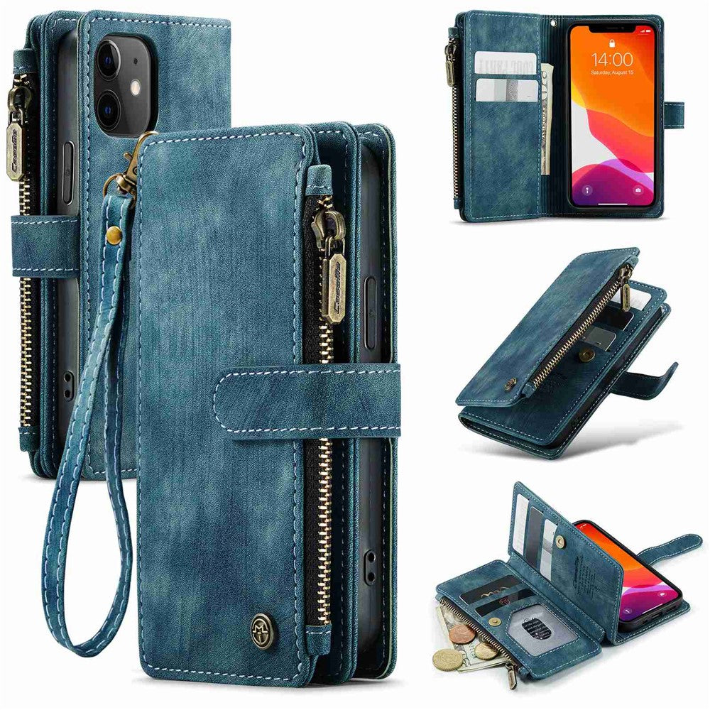 For iPhone 12 mini Phone Cases with Strap CASEME C30 Zipper Multiple Card Holder PU Leather Cover