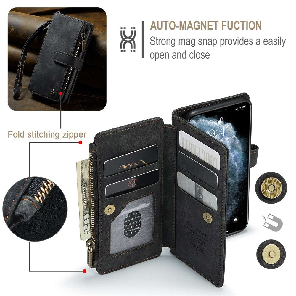 For iPhone 11 Phone Cases with Strap CASEME C30 Zipper Multiple Card Holder PU Leather Cover