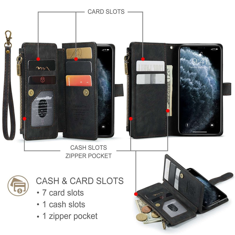 For iPhone 11 Phone Cases with Strap CASEME C30 Zipper Multiple Card Holder PU Leather Cover