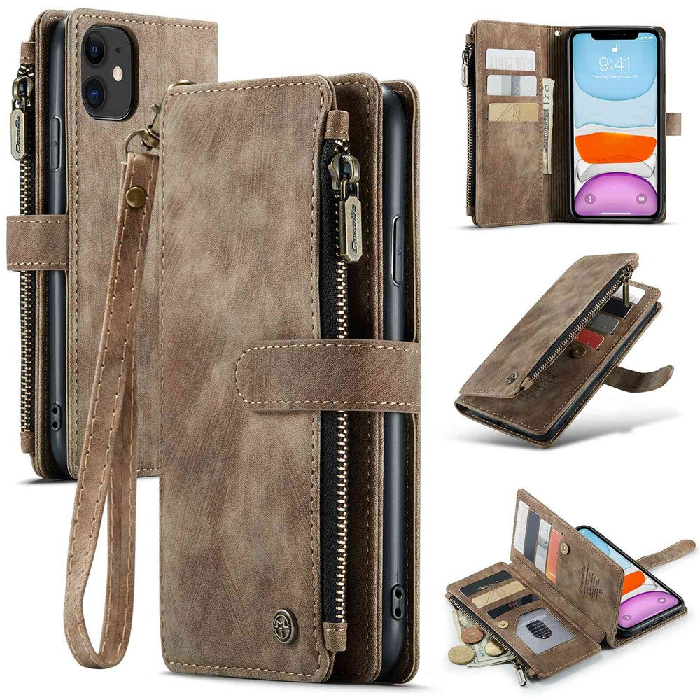 For iPhone 11 Phone Cases with Strap CASEME C30 Zipper Multiple Card Holder PU Leather Cover