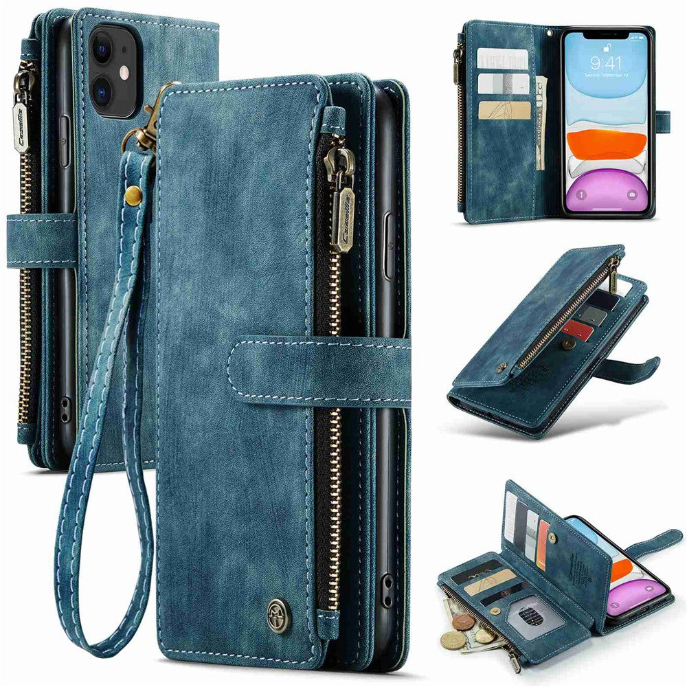 For iPhone 11 Phone Cases with Strap CASEME C30 Zipper Multiple Card Holder PU Leather Cover