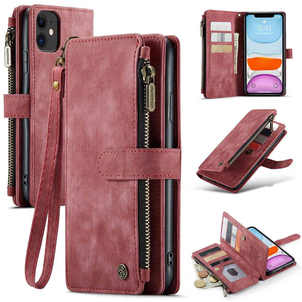 For iPhone 11 Phone Cases with Strap CASEME C30 Zipper Multiple Card Holder PU Leather Cover