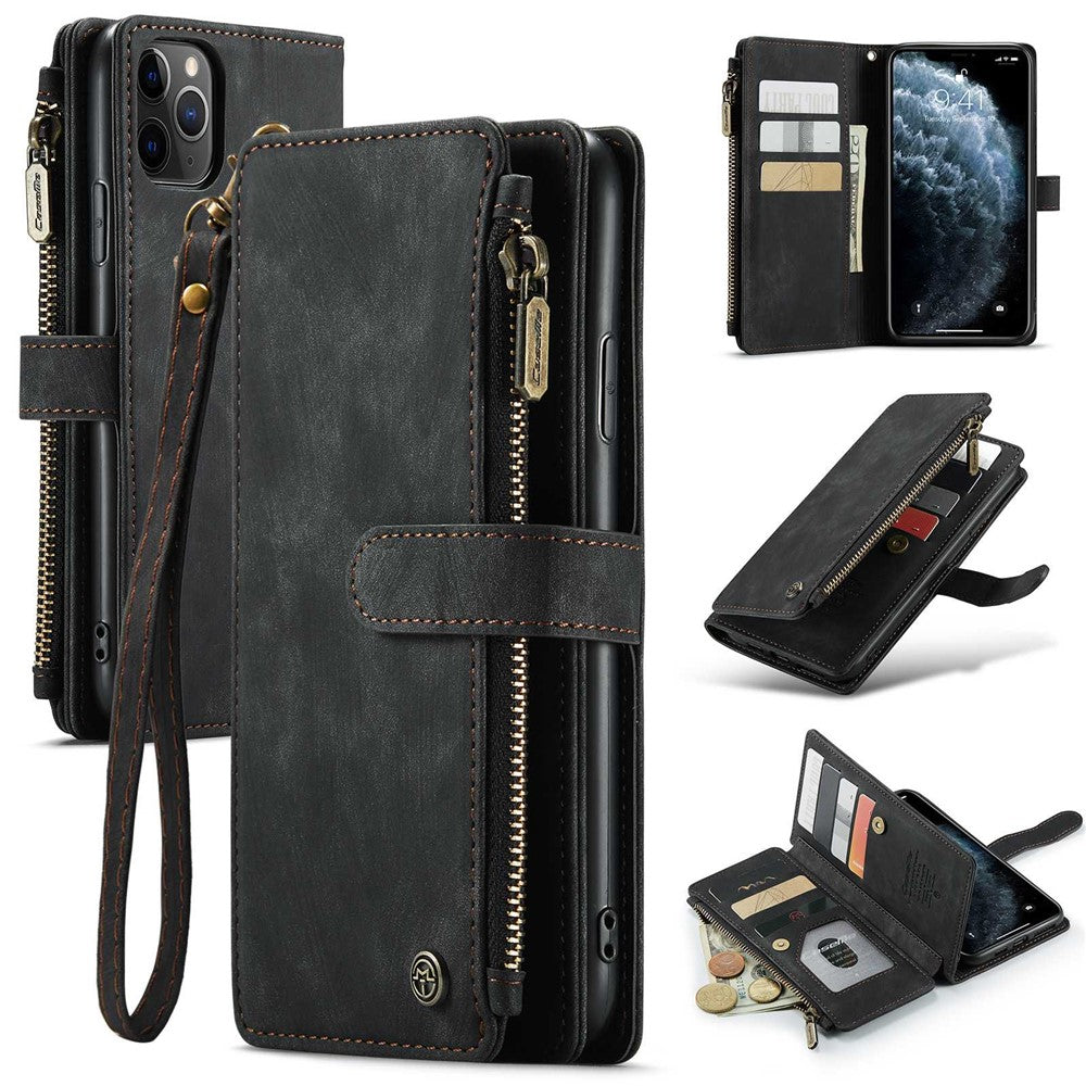 For iPhone 11 Pro Max Phone Cases with Strap CASEME C30 Zipper Multiple Card Holder PU Leather Cover