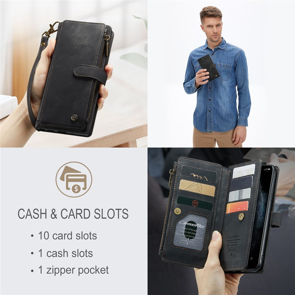 For iPhone 11 Pro Max Phone Cases with Strap CASEME C30 Zipper Multiple Card Holder PU Leather Cover