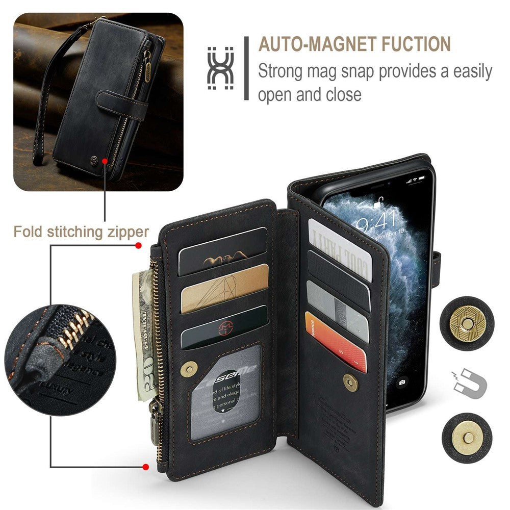For iPhone 11 Pro Max Phone Cases with Strap CASEME C30 Zipper Multiple Card Holder PU Leather Cover