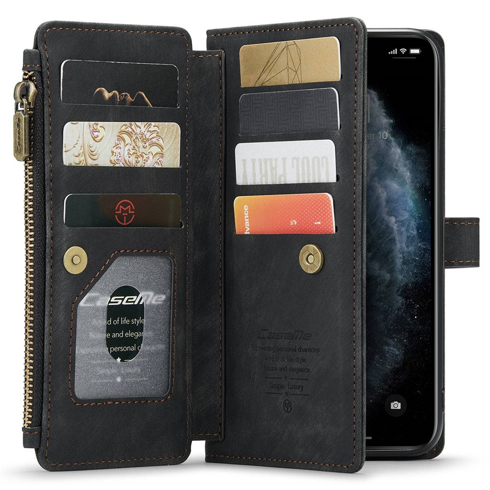For iPhone 11 Pro Max Phone Cases with Strap CASEME C30 Zipper Multiple Card Holder PU Leather Cover