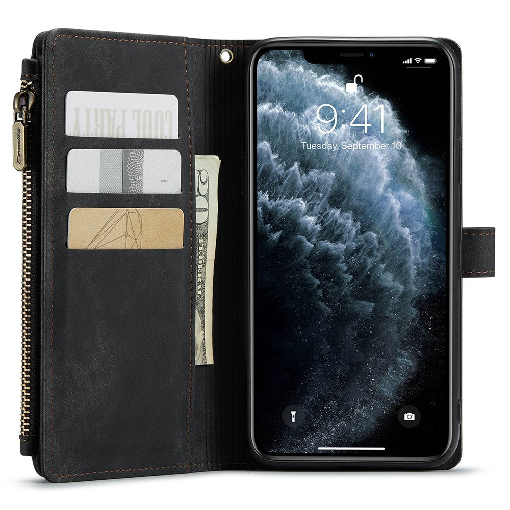 For iPhone 11 Pro Max Phone Cases with Strap CASEME C30 Zipper Multiple Card Holder PU Leather Cover