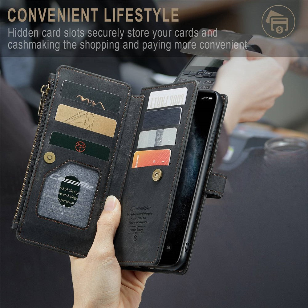 For iPhone 11 Pro Max Phone Cases with Strap CASEME C30 Zipper Multiple Card Holder PU Leather Cover