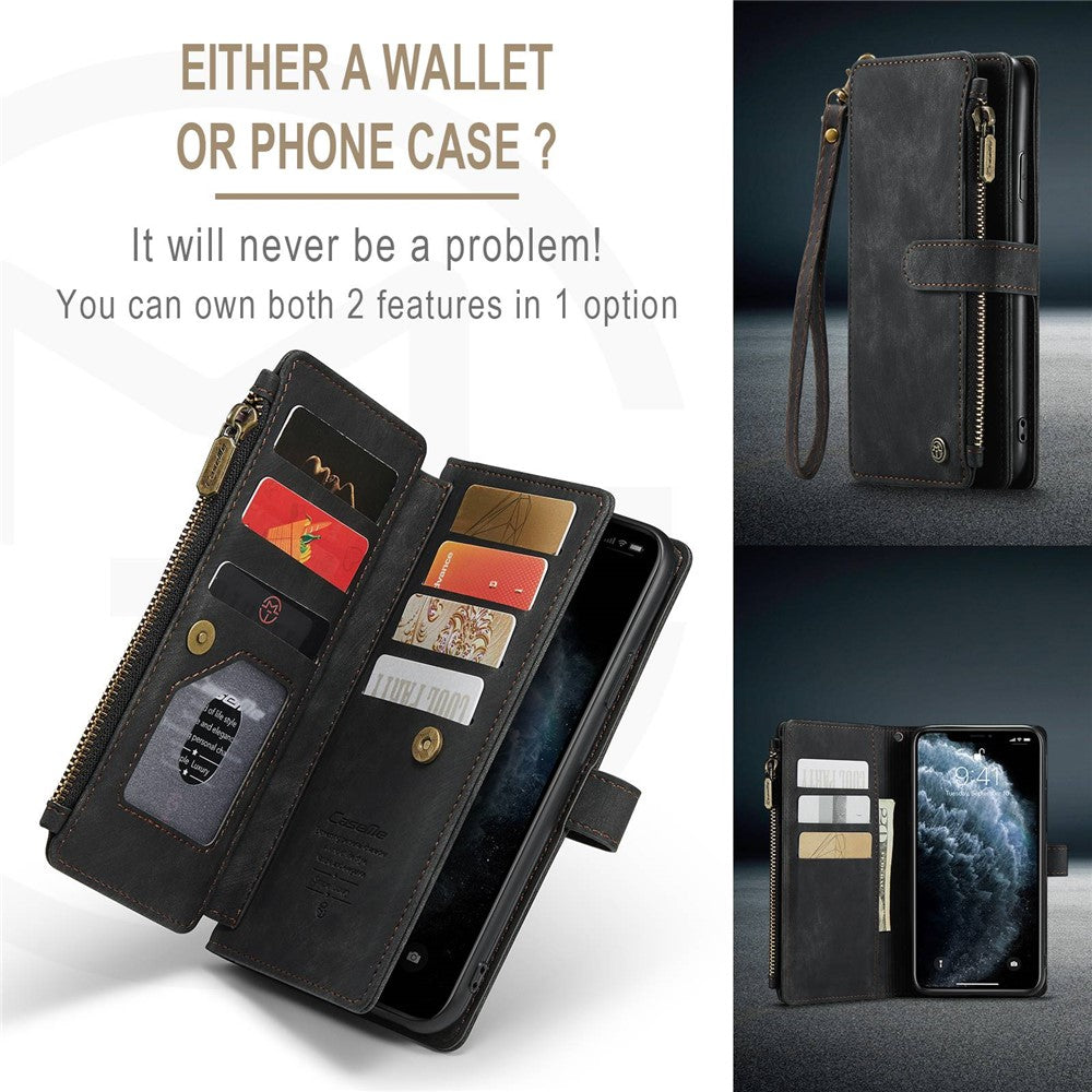For iPhone 11 Pro Max Phone Cases with Strap CASEME C30 Zipper Multiple Card Holder PU Leather Cover