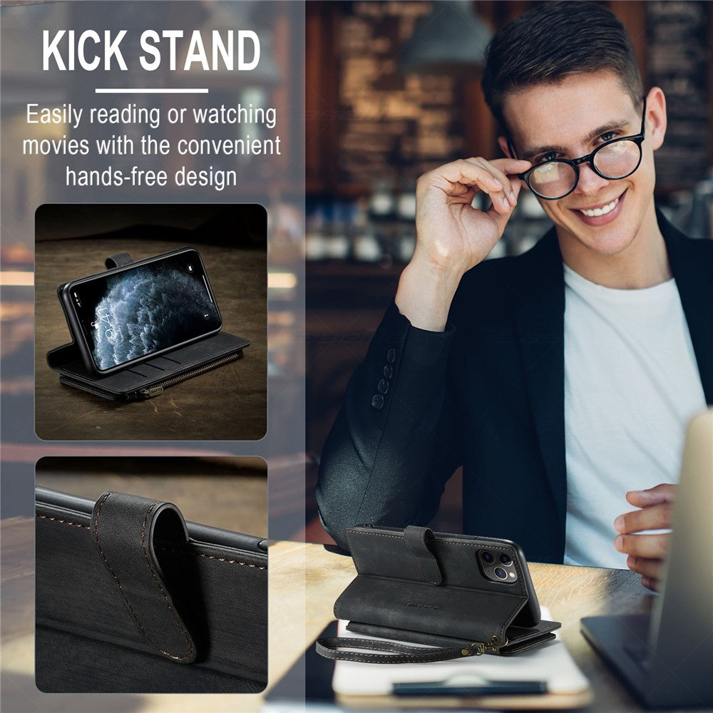 For iPhone 11 Pro Max Phone Cases with Strap CASEME C30 Zipper Multiple Card Holder PU Leather Cover