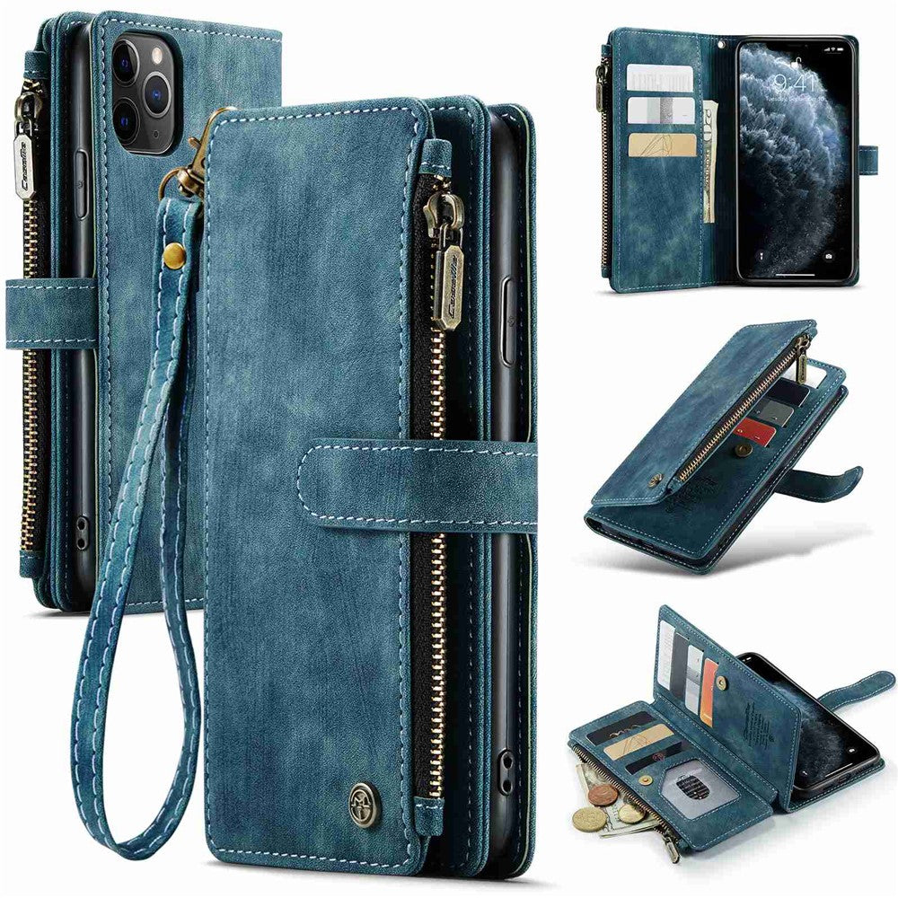 For iPhone 11 Pro Max Phone Cases with Strap CASEME C30 Zipper Multiple Card Holder PU Leather Cover