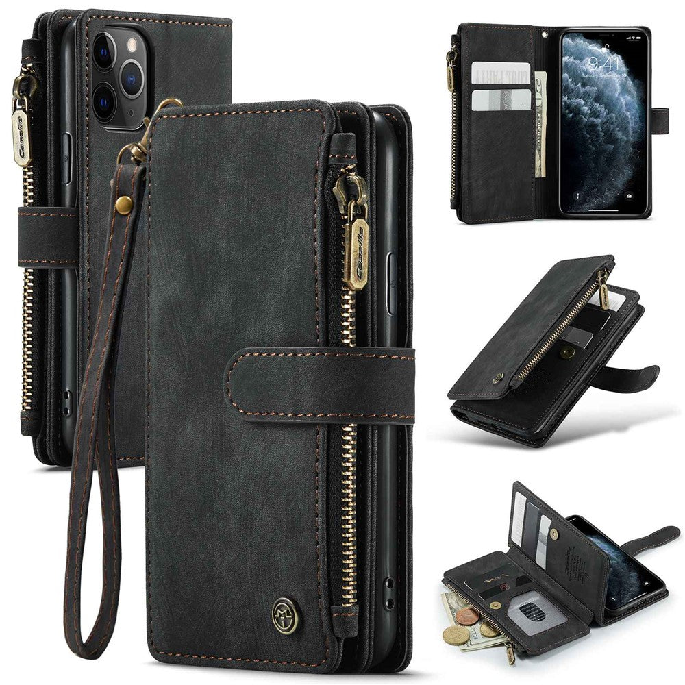 For iPhone 11 Pro Phone Cases with Strap CASEME C30 Zipper Multiple Card Holder PU Leather Cover