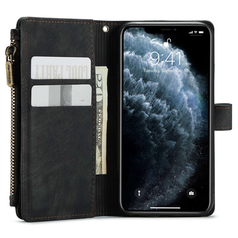 For iPhone 11 Pro Phone Cases with Strap CASEME C30 Zipper Multiple Card Holder PU Leather Cover