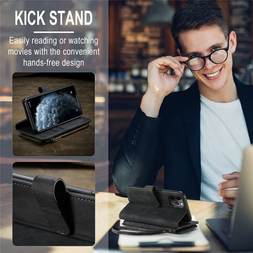 For iPhone 11 Pro Phone Cases with Strap CASEME C30 Zipper Multiple Card Holder PU Leather Cover