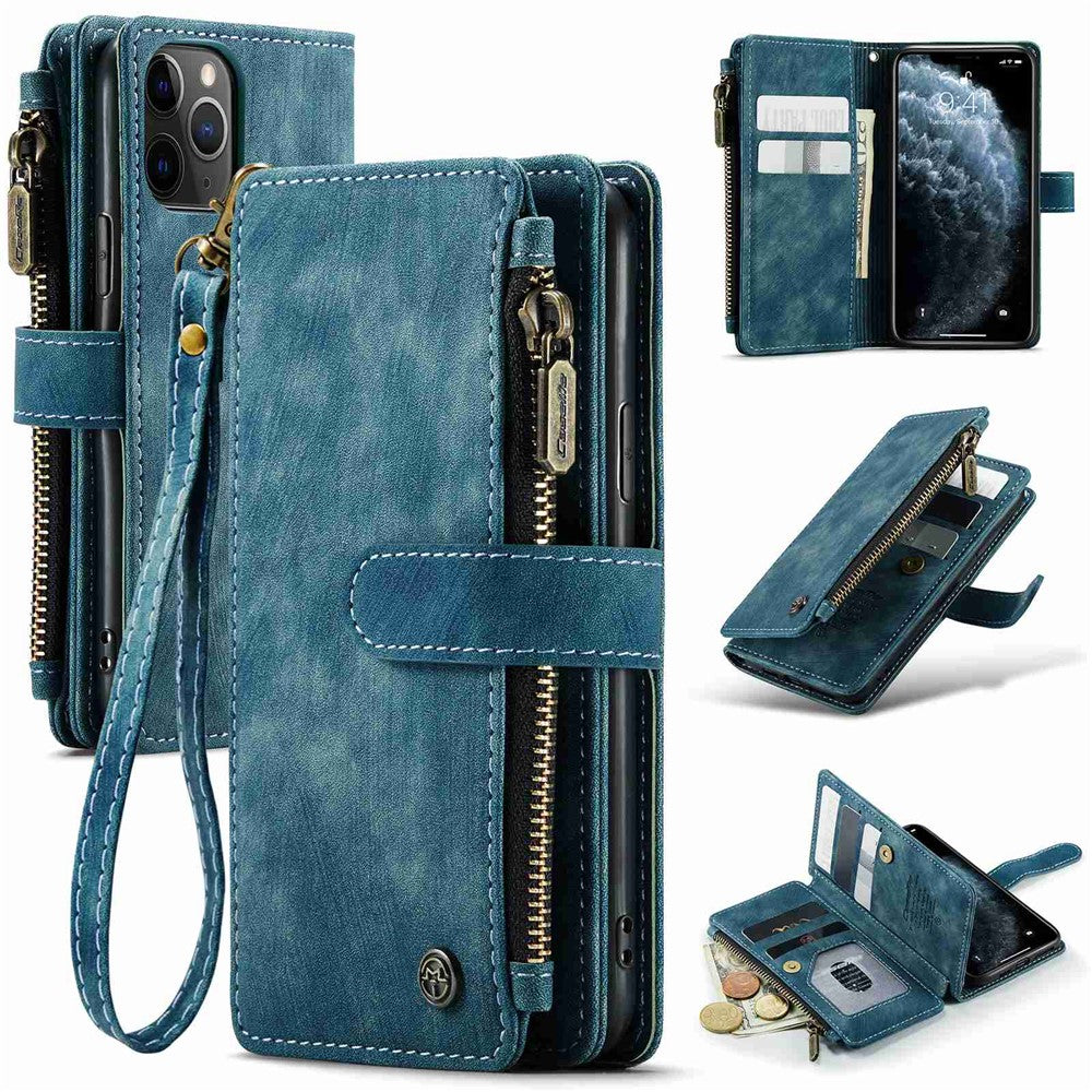 For iPhone 11 Pro Phone Cases with Strap CASEME C30 Zipper Multiple Card Holder PU Leather Cover