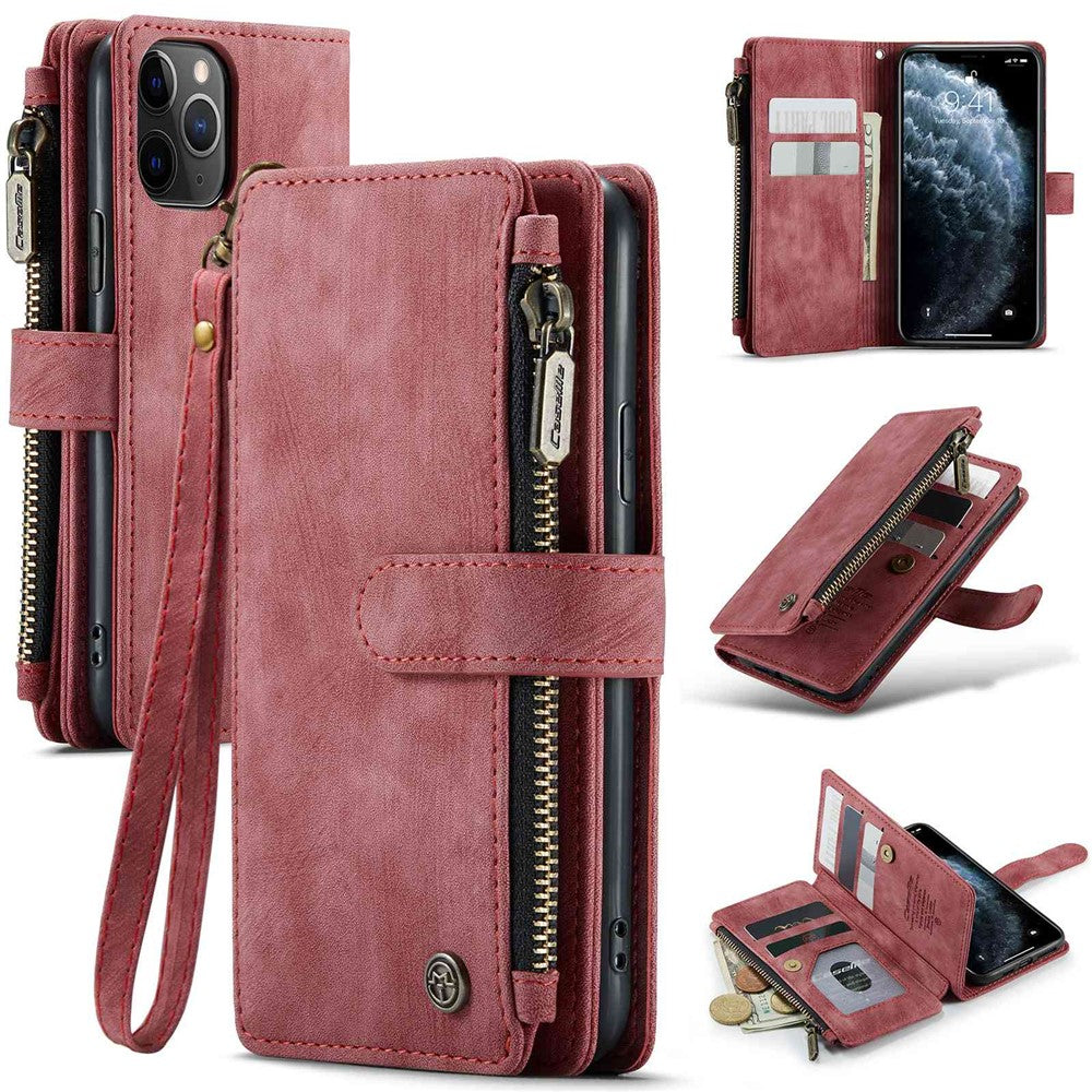 For iPhone 11 Pro Phone Cases with Strap CASEME C30 Zipper Multiple Card Holder PU Leather Cover