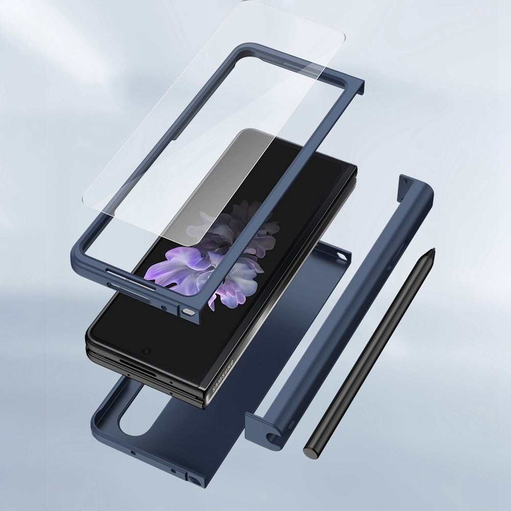 For Samsung Galaxy Z Fold4 5G Pen Slot Side Hinge Folding Phone Case Rubberized Hard PC Cover with Tempered Glass Screen Protector