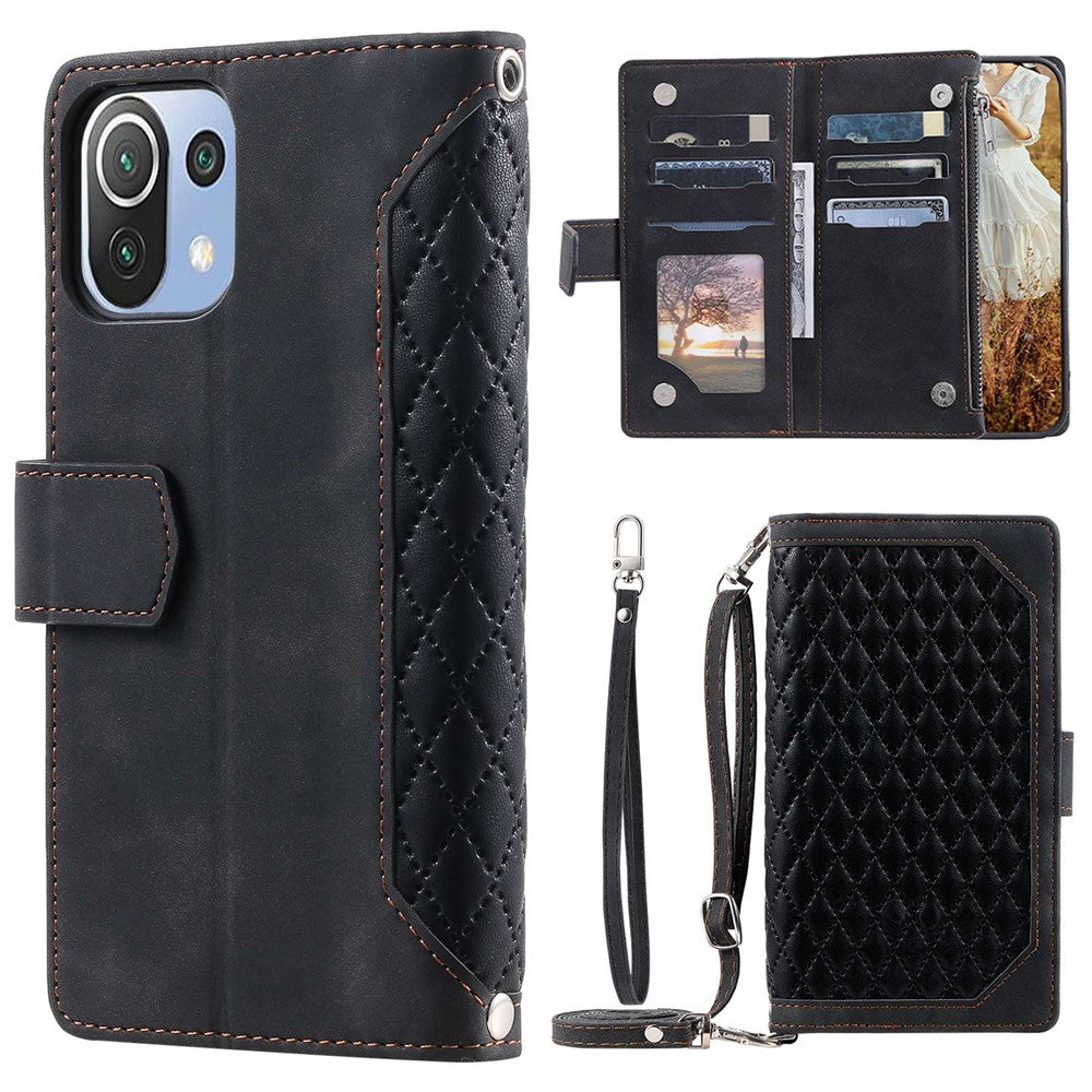 For Xiaomi 11 Lite 5G NE / Mi 11 Lite 4G / 5G Phone Case, 005 Style Dual-sided Magnetic Clasp Phone Leather Wallet Case Rhombus Texture Zipper Pocket Stand Cover with Strap