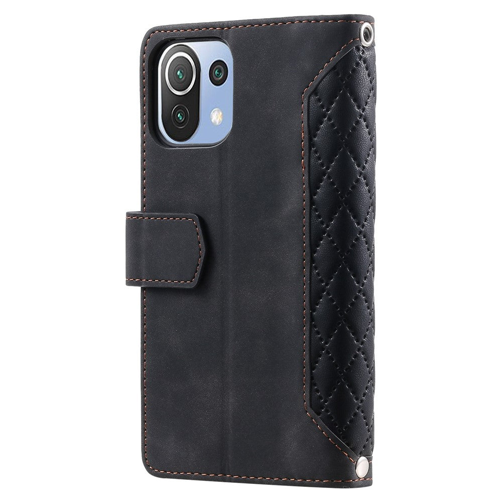 For Xiaomi 11 Lite 5G NE / Mi 11 Lite 4G / 5G Phone Case, 005 Style Dual-sided Magnetic Clasp Phone Leather Wallet Case Rhombus Texture Zipper Pocket Stand Cover with Strap