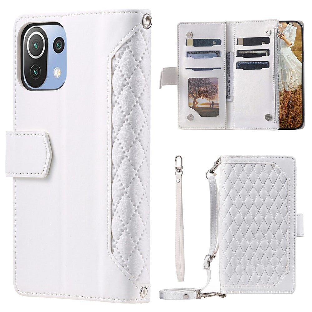For Xiaomi 11 Lite 5G NE / Mi 11 Lite 4G / 5G Phone Case, 005 Style Dual-sided Magnetic Clasp Phone Leather Wallet Case Rhombus Texture Zipper Pocket Stand Cover with Strap