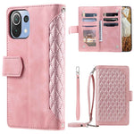 For Xiaomi 11 Lite 5G NE / Mi 11 Lite 4G / 5G Phone Case, 005 Style Dual-sided Magnetic Clasp Phone Leather Wallet Case Rhombus Texture Zipper Pocket Stand Cover with Strap