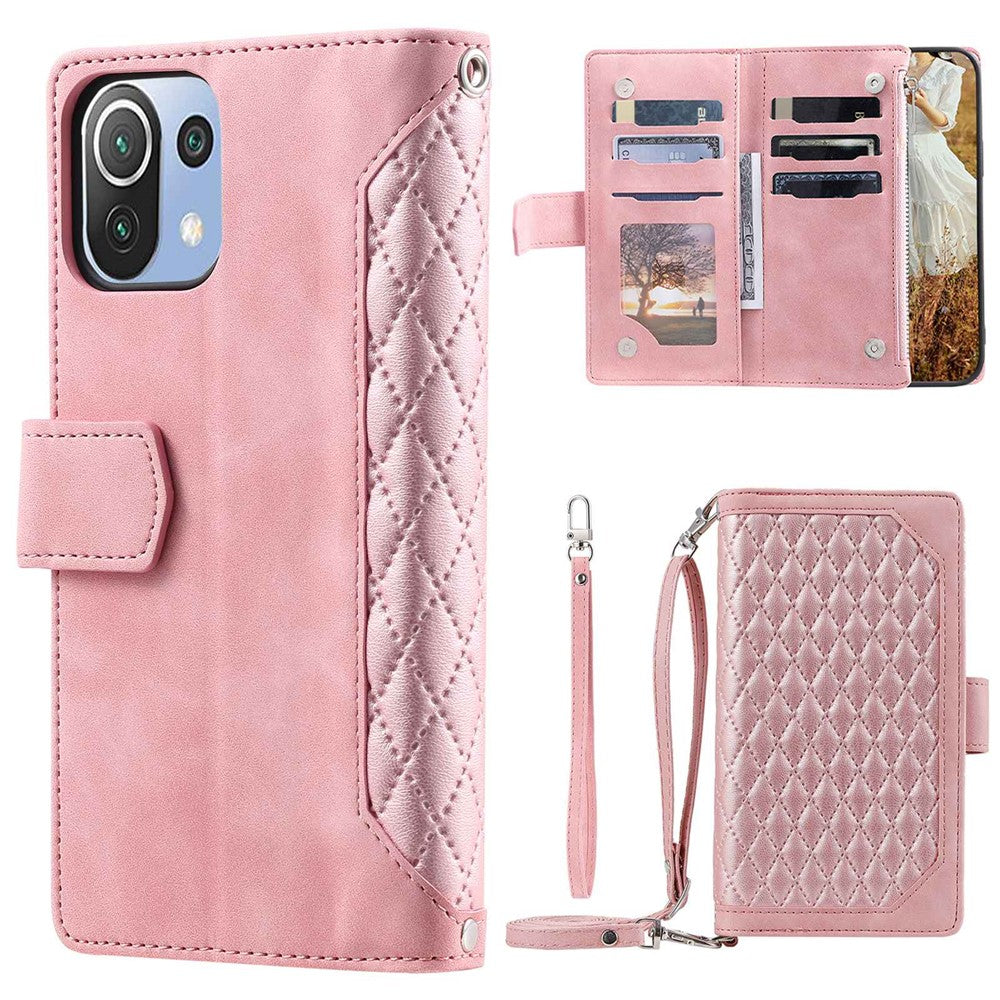 For Xiaomi 11 Lite 5G NE / Mi 11 Lite 4G / 5G Phone Case, 005 Style Dual-sided Magnetic Clasp Phone Leather Wallet Case Rhombus Texture Zipper Pocket Stand Cover with Strap