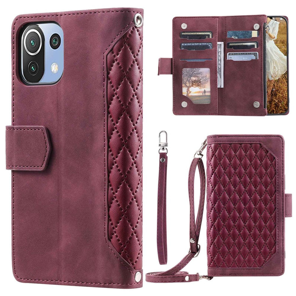 For Xiaomi 11 Lite 5G NE / Mi 11 Lite 4G / 5G Phone Case, 005 Style Dual-sided Magnetic Clasp Phone Leather Wallet Case Rhombus Texture Zipper Pocket Stand Cover with Strap