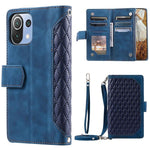 For Xiaomi 11 Lite 5G NE / Mi 11 Lite 4G / 5G Phone Case, 005 Style Dual-sided Magnetic Clasp Phone Leather Wallet Case Rhombus Texture Zipper Pocket Stand Cover with Strap