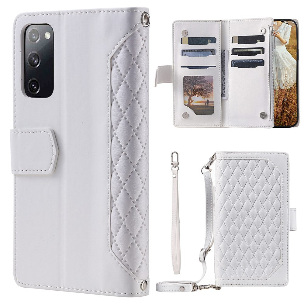Style 005 til Samsung Galaxy S20 FE 4G / 5G / S20 FE 2022 / S20 Lite, PU-læder, ridsefast rombisk tekstureret mobilcover, lynlås, pungetui med rem/snøre