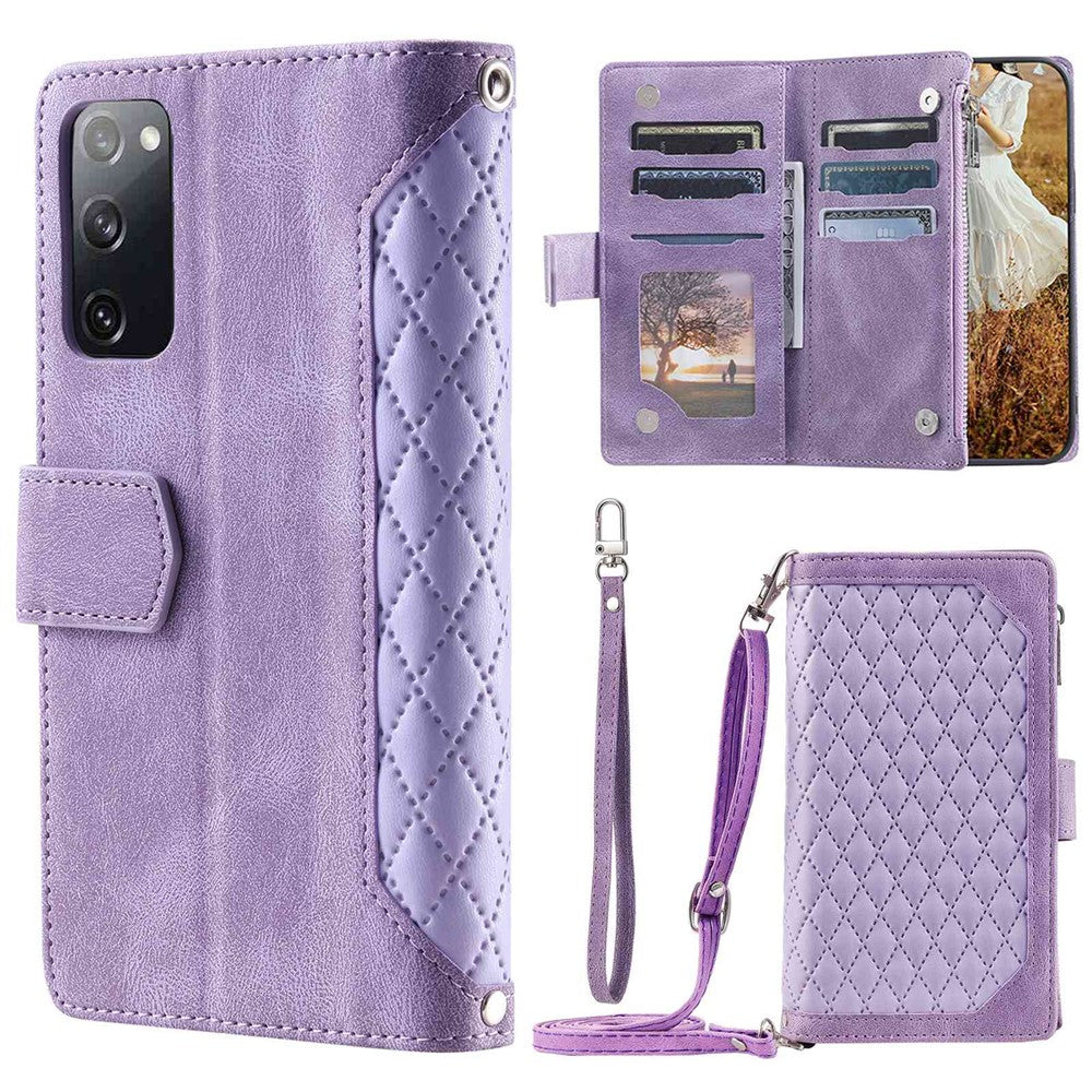 Style 005 til Samsung Galaxy S20 FE 4G / 5G / S20 FE 2022 / S20 Lite, PU-læder, ridsefast rombisk tekstureret mobilcover, lynlås, pungetui med rem/snøre