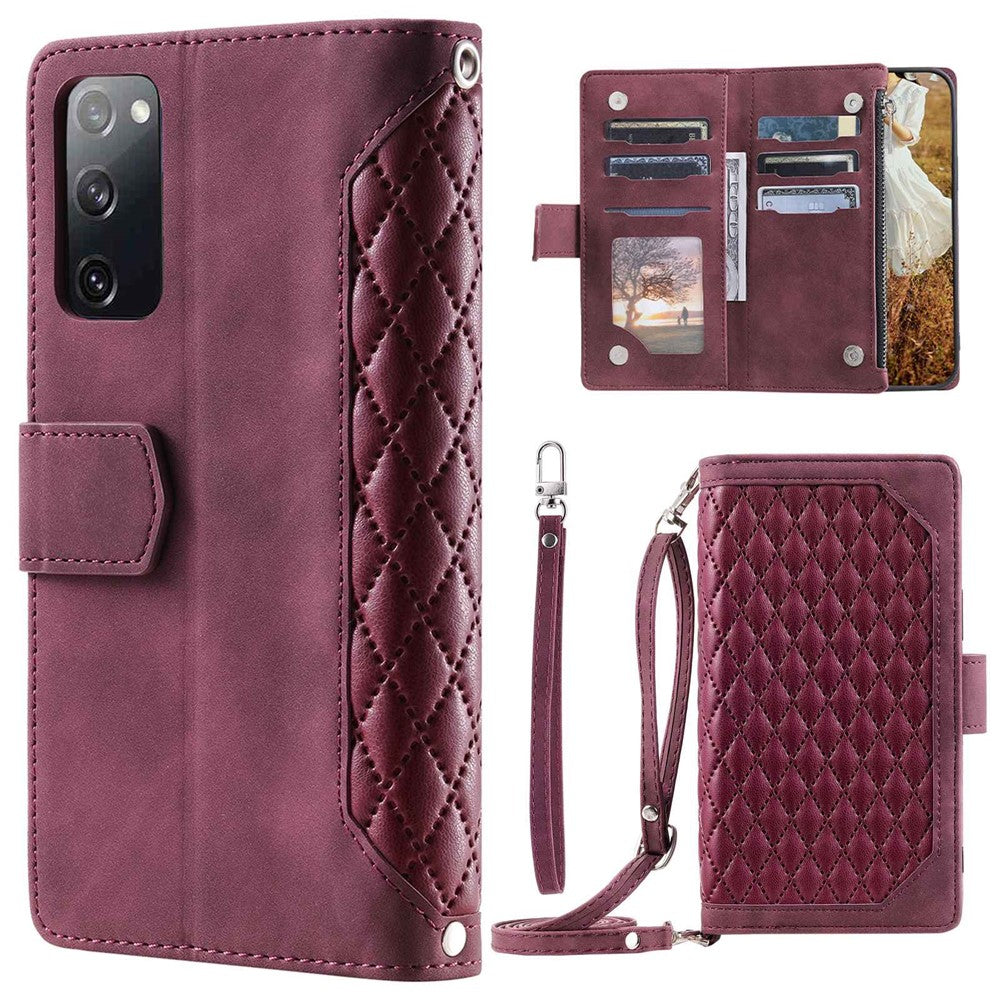 Style 005 til Samsung Galaxy S20 FE 4G / 5G / S20 FE 2022 / S20 Lite, PU-læder, ridsefast rombisk tekstureret mobilcover, lynlås, pungetui med rem/snøre