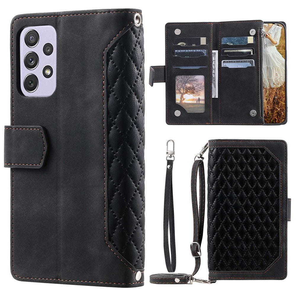 005 Style For Samsung Galaxy A52 4G / 5G / A52s 5G, Rhombus Texture PU Leather Stand Phone Case Zipper Pocket Wallet Style Shell with Strap
