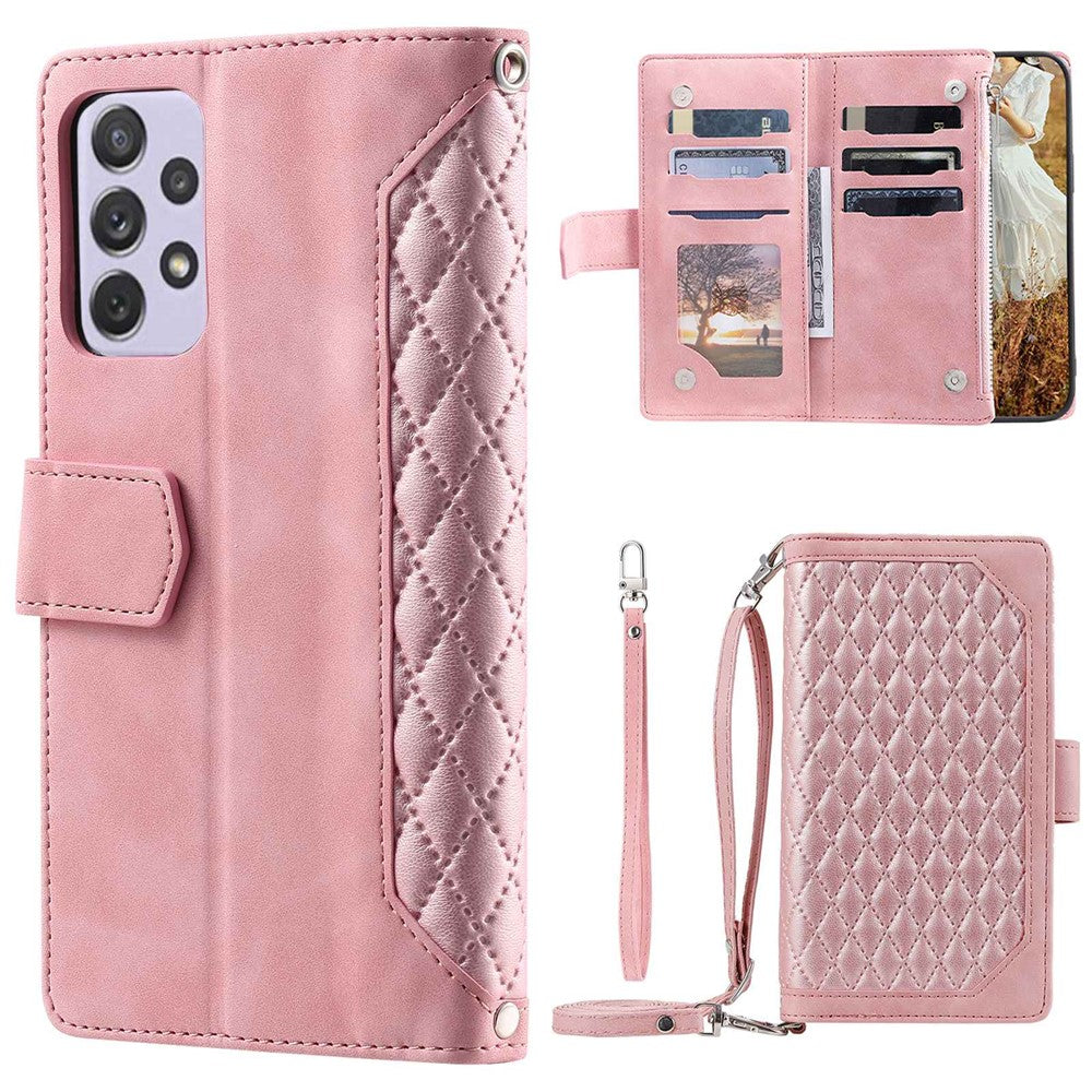 Til Samsung Galaxy A33 5G telefoncover, 005 stil magnetisk telefon læderetui, diamantmønstret, faldbeskyttende lynlåslomme, stander, pung-flipbeskytter med rem