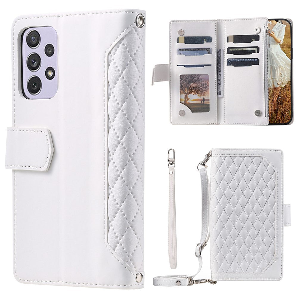 005 Style Fallsäkert Plånboksfodral för Samsung Galaxy A73 5G, Rombstruktur Dragkedja Fack PU-läder Reptåligt Mobilmobilfodral Stativ med Rem Korthållare