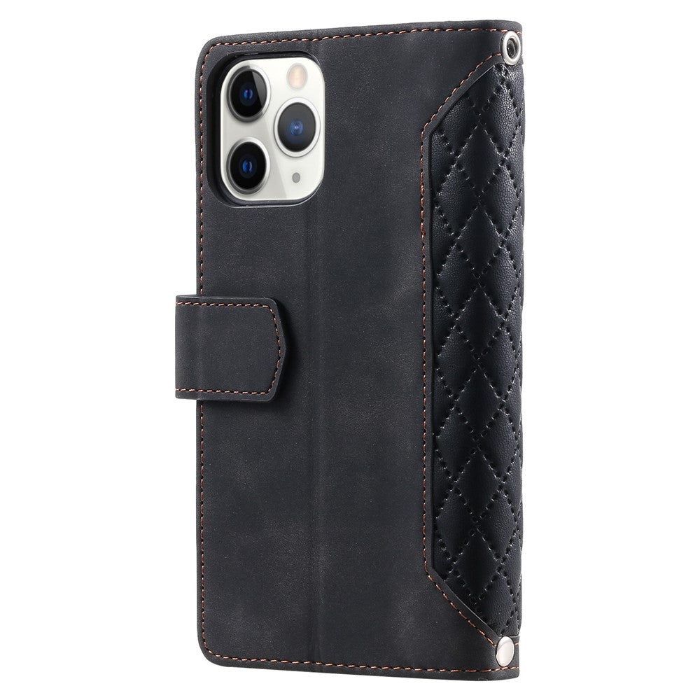 For iPhone 11 Pro 5.8 inch 005 Style Multiple Card Slots Rhombus Texture PU Leather Zipper Pocket Stand Phone Case with Shoulder Strap and Hand Strap