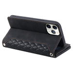 For iPhone 11 Pro 5.8 inch 005 Style Multiple Card Slots Rhombus Texture PU Leather Zipper Pocket Stand Phone Case with Shoulder Strap and Hand Strap