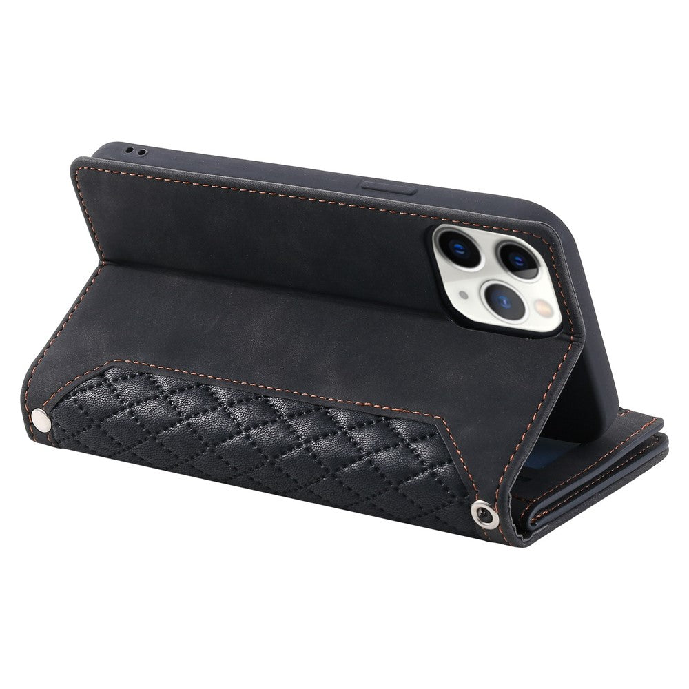 For iPhone 11 Pro 5.8 inch 005 Style Multiple Card Slots Rhombus Texture PU Leather Zipper Pocket Stand Phone Case with Shoulder Strap and Hand Strap