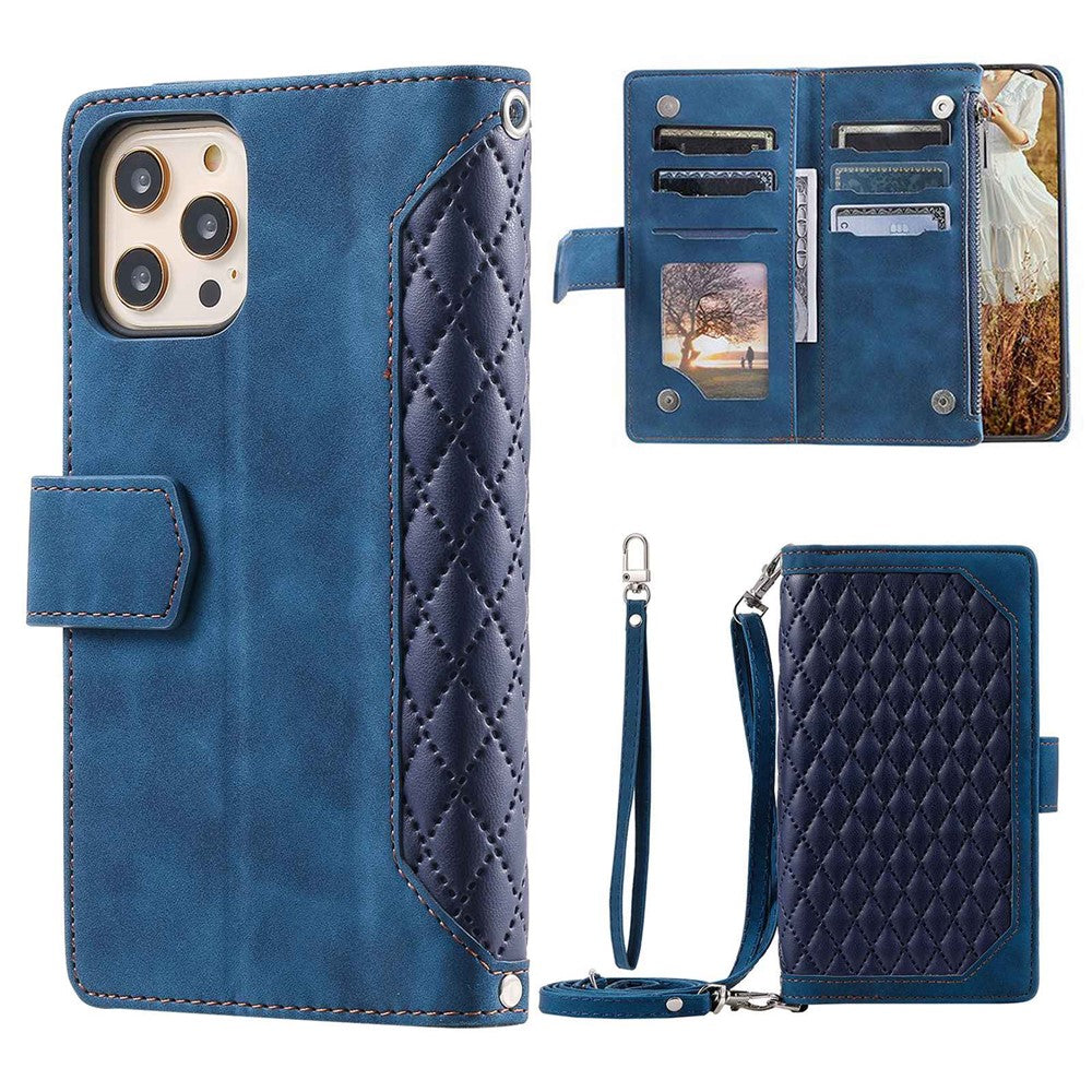 For iPhone 11 Pro 5.8 inch 005 Style Multiple Card Slots Rhombus Texture PU Leather Zipper Pocket Stand Phone Case with Shoulder Strap and Hand Strap