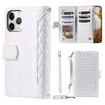 For iPhone 11 Pro 5.8 inch 005 Style Multiple Card Slots Rhombus Texture PU Leather Zipper Pocket Stand Phone Case with Shoulder Strap and Hand Strap