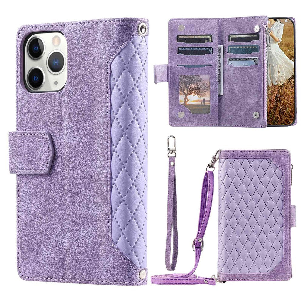 For iPhone 11 Pro 5.8 inch 005 Style Multiple Card Slots Rhombus Texture PU Leather Zipper Pocket Stand Phone Case with Shoulder Strap and Hand Strap