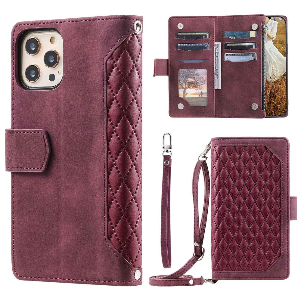 For iPhone 11 Pro 5.8 inch 005 Style Multiple Card Slots Rhombus Texture PU Leather Zipper Pocket Stand Phone Case with Shoulder Strap and Hand Strap