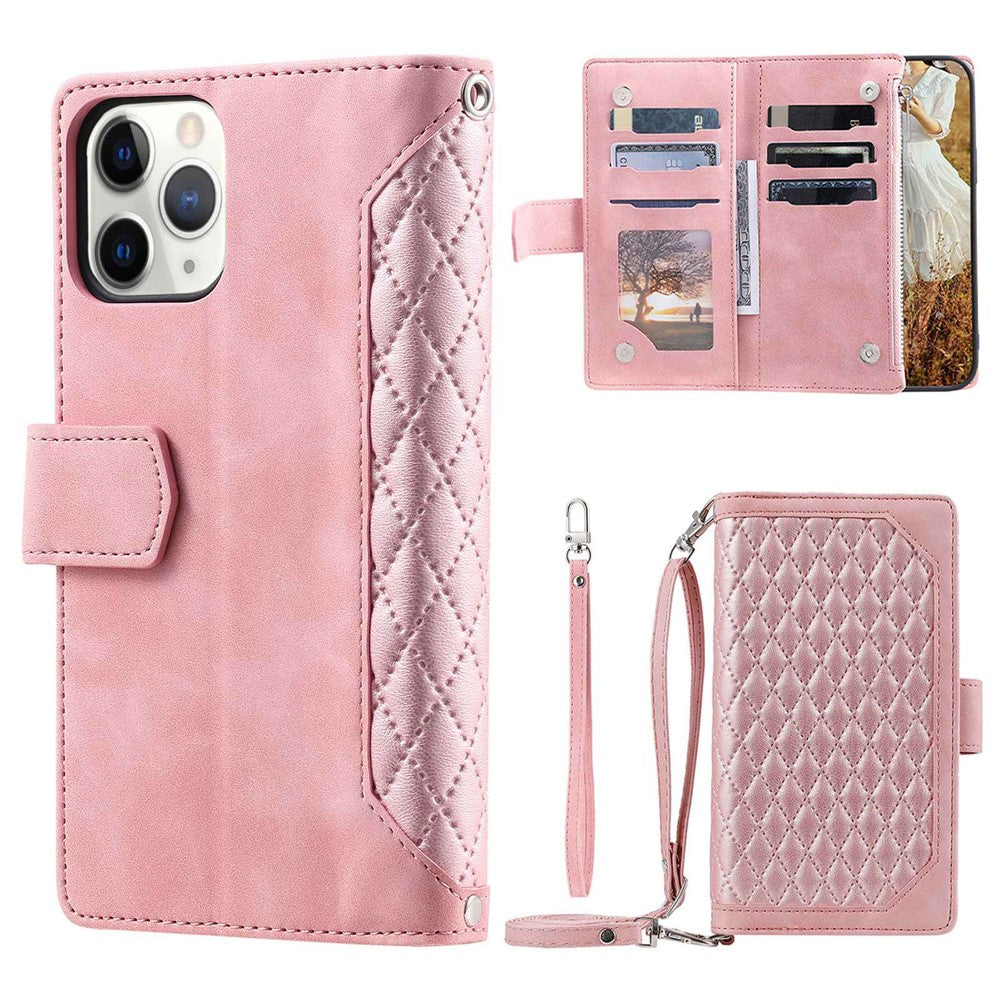 For iPhone 11 Pro 5.8 inch 005 Style Multiple Card Slots Rhombus Texture PU Leather Zipper Pocket Stand Phone Case with Shoulder Strap and Hand Strap